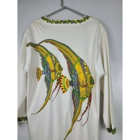 Vintage Lisa Ashley Womens Wearable Art Fish Cardigan Large White Embroidered - Picture 7 of 11